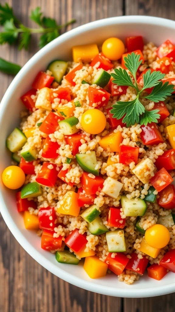 A colorful quinoa salad with diced vegetables in a white bowl on a wooden table.
